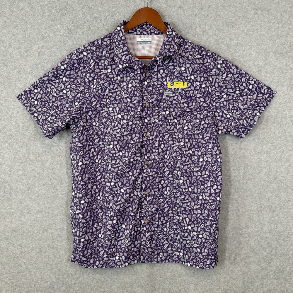 Columbia PFG LSU Tigers Button Up Shirt Men's Medium Purple Short Sleeve Fishing